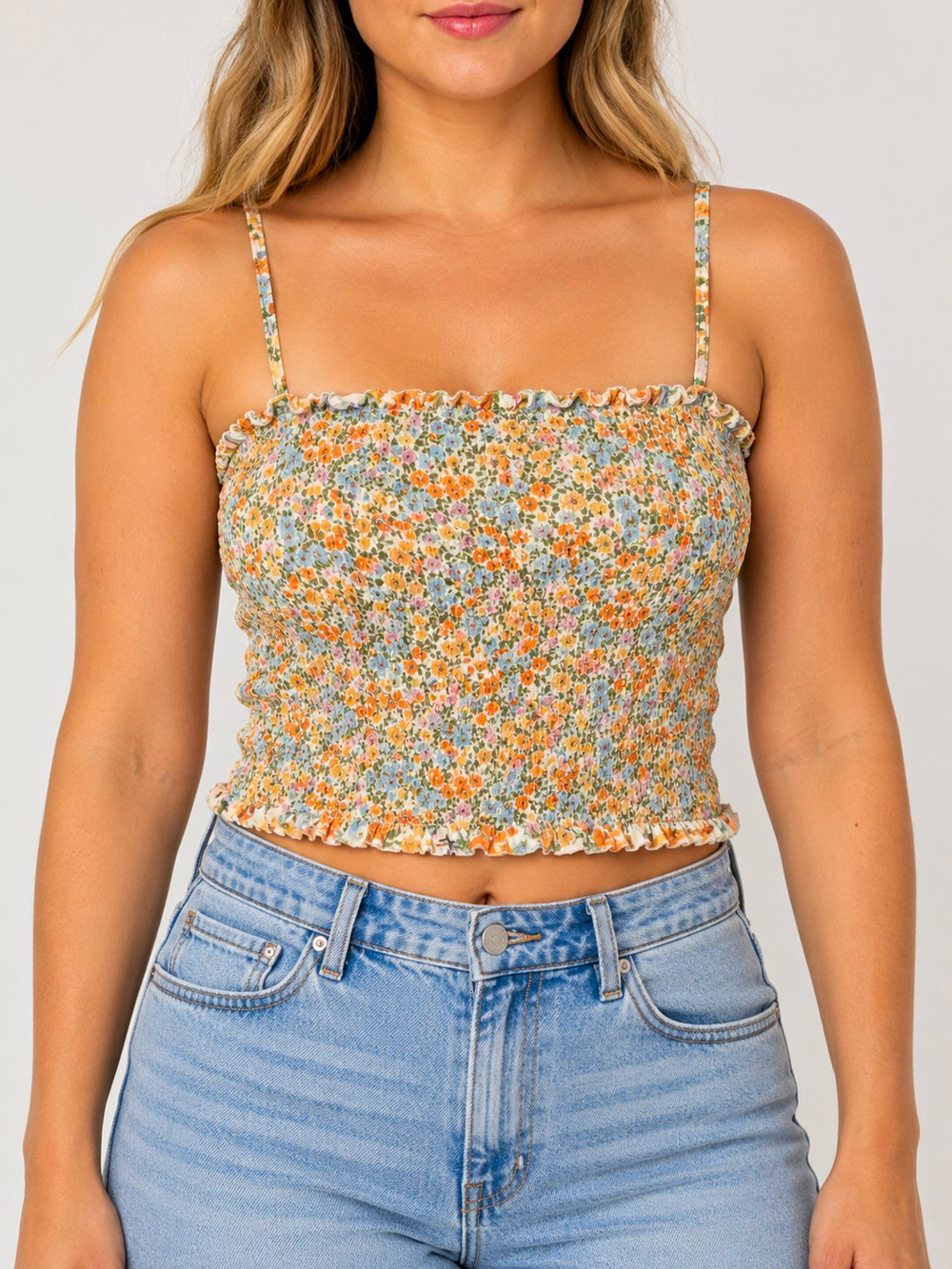 American Eagle Womens Large Floral Smocked Crop Cami Top Ruffle Cotton
